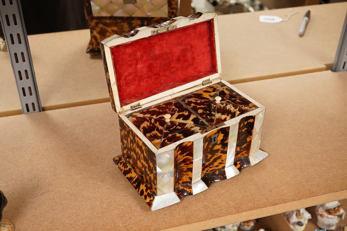 A mid 19th century decorative tortoiseshell and mother of pearl tea caddy, 20cm wide x 12.5cm high CITES Submission reference CXXC25Q1